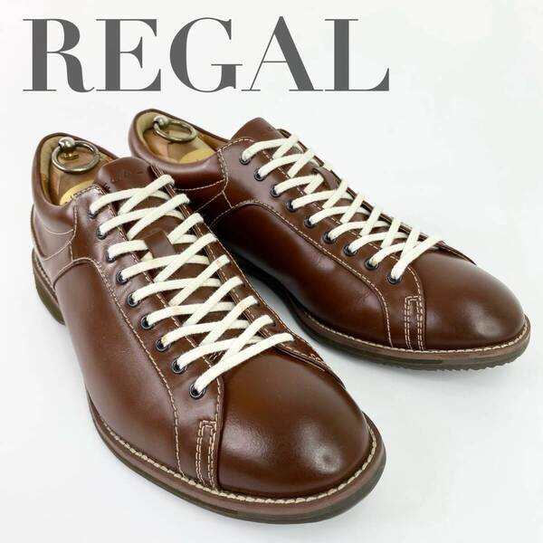 ★美品★【REGAL】リーガル 25.5cm レザースニーカー 茶 ブラウン 57RR メンズ 本革 ウォーキングシューズ カジュアル 紳士靴 レースアップ