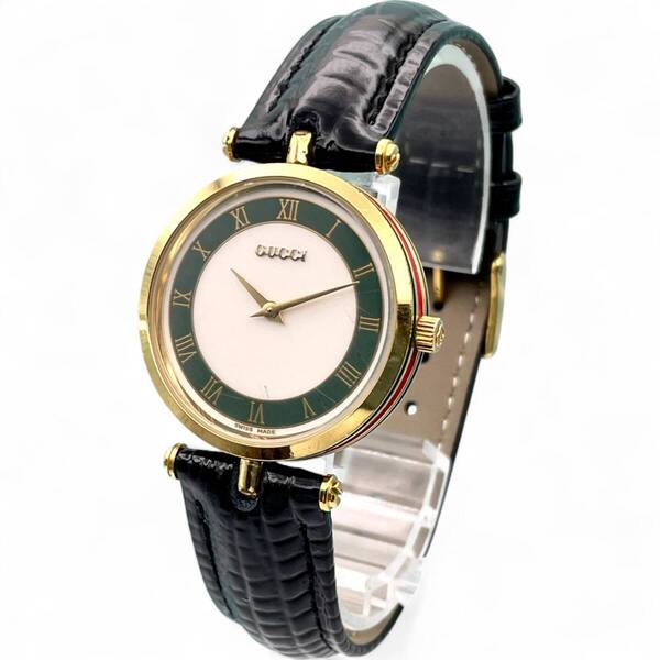 稼働 ■ GUCCI グッチ 時計 メンズ シェリー ライン サイド グリーン 新品 ベルト 3917-43-91