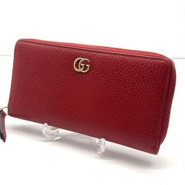 【極美品】GUCCI グッチ マーモント ロングウォレット 長財布 ラウンドファスナー シボ革 レッド ゴールド金具