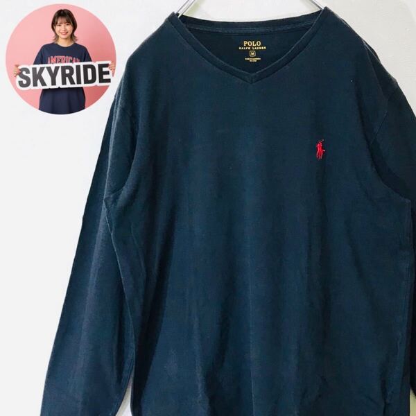 POLO RALPH LAUREN ポニー刺繍 美品 黒 Vネック 長袖Tシャツ ロンT メンズ M ゆるだぼ #TT0229