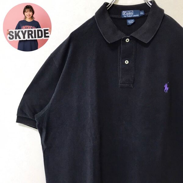 【定番】Polo by Ralph Lauren ポロバイラルフローレン 紫ポニー刺繍 ワンポイントロゴ 00s ポロシャツ ブラック XL ゆるだぼ 古着 #TT0248