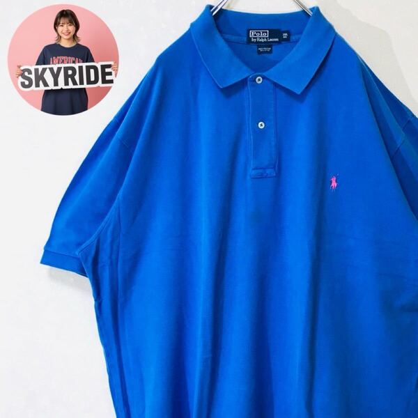 【美品】POLO by Ralph Lauren ポニー刺繍 ブルー 3XL ビッグシルエット ポロシャツ メンズ ポロバイラルフローレン 半袖 古着 #TT0257