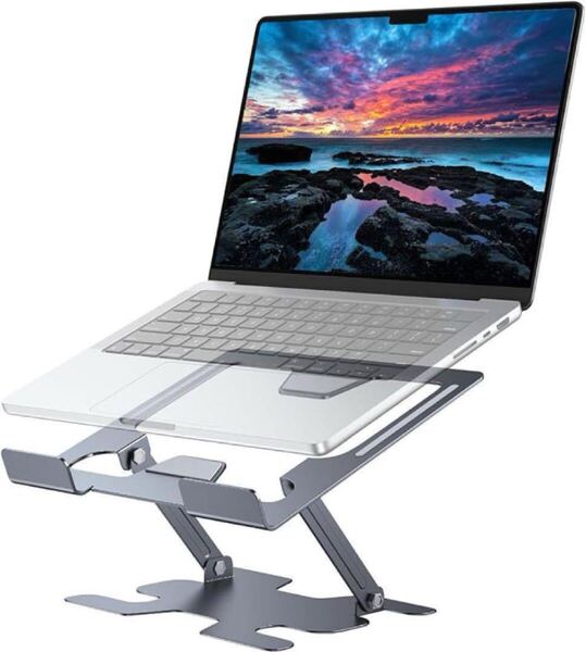 ノートパソコンスタンド パソコンホルダー 折りたたみ式 タブレットスタンド 人間工学設計 無段階高さ&角度調整可能 放熱性 軽量 グレー