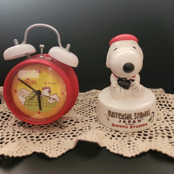 スヌーピーSNOOPY★非売品★貯金箱目覚まし時計2点セットレトロ