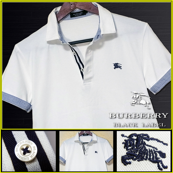 極上傑作!前立ライン&袖先裏ボーダー ポロシャツ ナイト刺繍入 サイズM▼バーバリーブラックレーベル BURBERRY BLACK LABEL