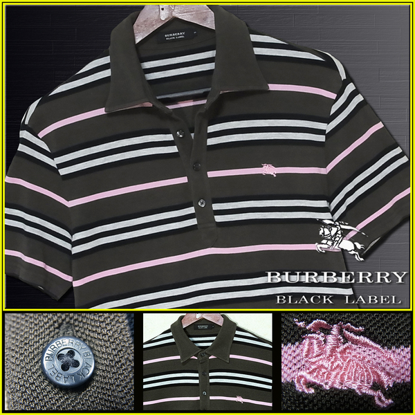希少Lサイズ!極上の逸品!ノバチェックライン ポロシャツ ナイト刺繍入▼バーバリーブラックレーベル BURBERRY BLACK LABEL