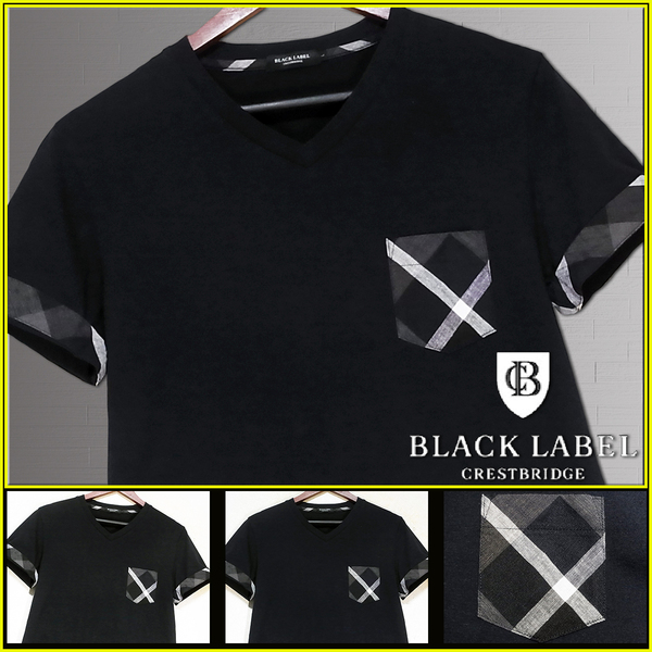 大人気L!極美品!ポケット・袖先裏 CBチェック リネンブレンド Tシャツ▼ブラックレーベルクレストブリッジ CRESTBRIDGE バーバリー