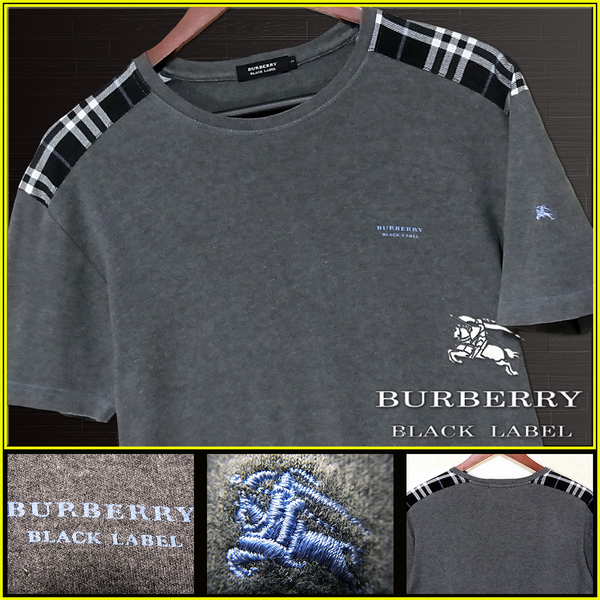 希少Lサイズ!肩ノバチェック グレー Tシャツ ナイト刺繍入 日本製▼バーバリーブラックレーベル BURBERRY BLACK LABEL