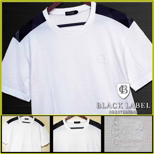 希少LL!極美品!肩CBチェック&BIGエンブレム ホワイト Tシャツ▼ブラックレーベルクレストブリッジ CRESTBRIDGE バーバリー