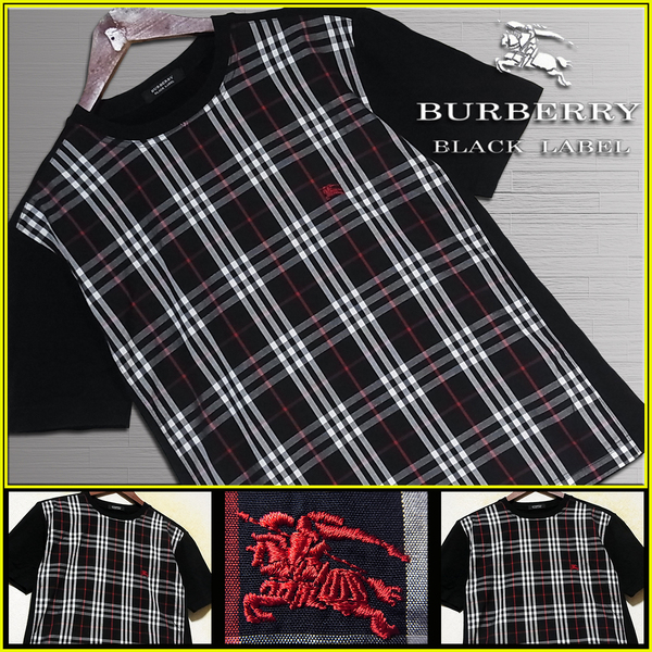 激レア!ブラック×ブラックノバチェック Tシャツ ナイト刺繍入 Mサイズ 日本製▼バーバリーブラックレーベル BURBERRY BLACK LABEL