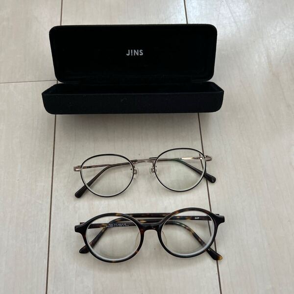 眼鏡 2本 JINS Zoff メタルフレーム ウェリントン ベッコウ メガネ ジンズ ゾフ アイウェア LMF-19Ap-014AJ ブラウン アヤメ ボストン