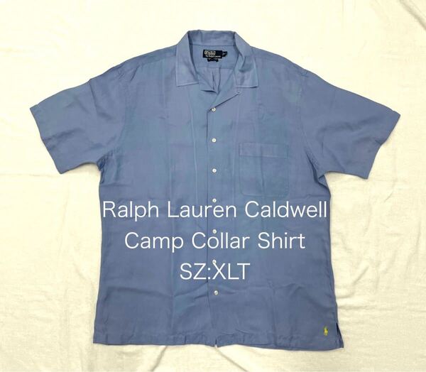 90s Ralph LaurenラルフローレンCaldwellコールドウェル 半袖 シャツ 開襟 オープンカラー コットンXLブルー シルクsilkビッグシャツL