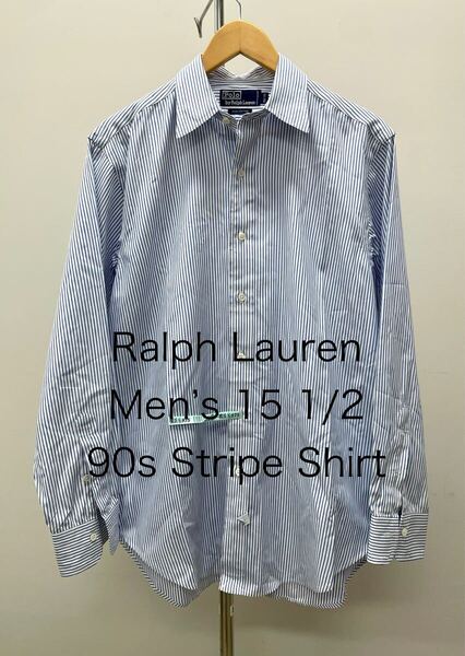 美品Polo Ralph Laurenポロ ラルフローレン クラシック メンズ15 1/2-33 コットン ストライプ 長袖 シャツRRLビッグBIGシャツXLワイドL
