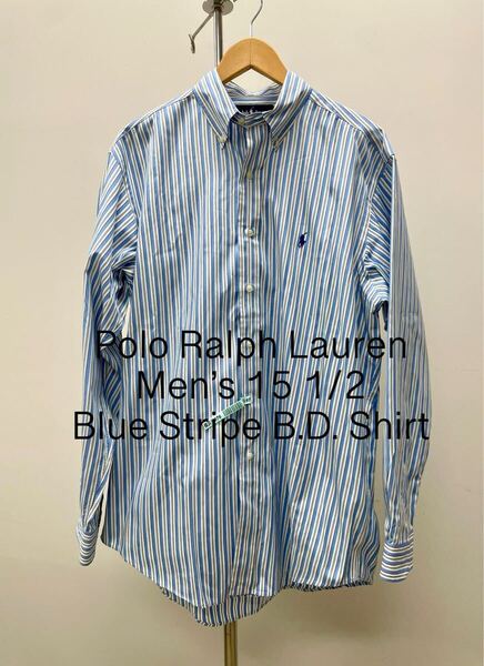 美品90s Polo Ralph Laurenポロ ラルフローレンBDボタンダウン メンズXLブルーLストライプ 長袖 シャツRRLビッグBIGシャツ ワイド