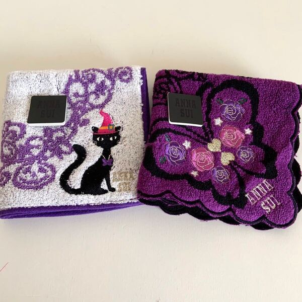 未使用 ANNA SUI アナスイ タオルハンカチ 2枚セット 刺繍 猫柄 蝶柄 パープル系 綿100% レディース ハンカチ ブルーミング中西 まとめ売り