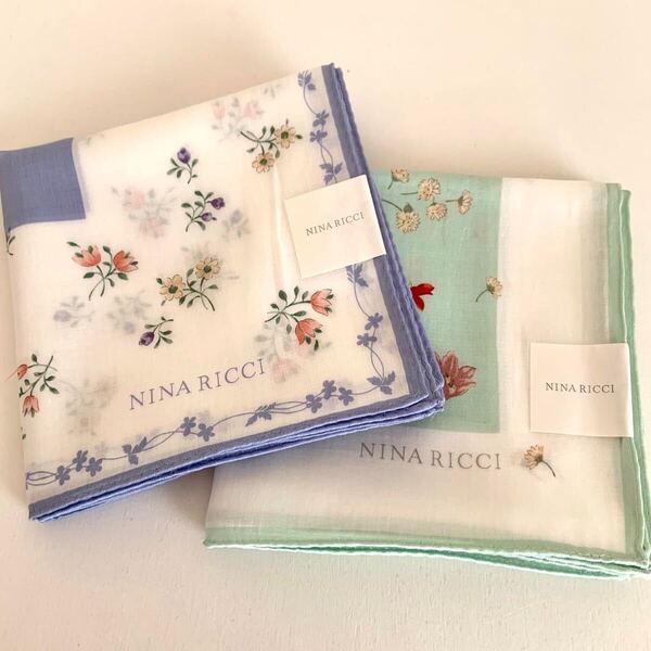 未使用 ニナリッチ NINA RICCI 大判ハンカチ 2枚セット 花柄 綿100% 日本製 ハンカチ スカーフ ひざ掛けにも ブルーミング中西