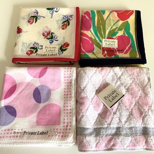 未使用 Private Label プライベートレーベル タオルハンカチ & 大判 ハンカチ 4枚セット 花柄 総柄 綿100% まとめ売り