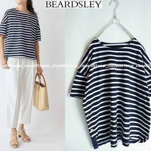 2024 美品BEARDSLEYビアズリー☆サイドボタン ボーダーTシャツ F ネイビー×ホワイト★16500円
