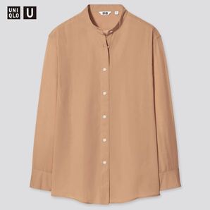送料無料★1度着用 ユニクロ シアーバンドカラーシャツ 長袖 ブラウン L