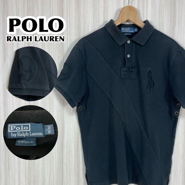 ☆希少☆POLO ポロバイラルフローレン 半袖ラガーシャツ L 斜めライン ビッグポニー 切り替えし ブラック 両脇エア通気口 袖ゼッケン 古着