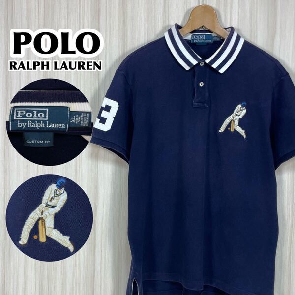☆希少☆90sスタイル☆POLO ポロバイラルフローレン 半袖ポロシャツ XL ネイビー 濃紺 刺繍ロゴ クリケット 袖ゼッケン 鹿の子生地 古着