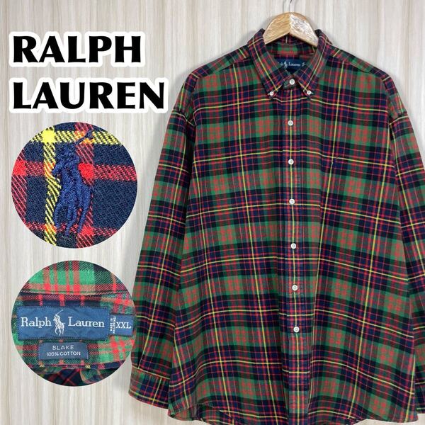 ☆希少☆RALPH LAUREN ラルフローレン 長袖ネルシャツ XXL ボタンダウン マドラスチェック グリーン×ネイビー 刺繍ポニー 90s 古着