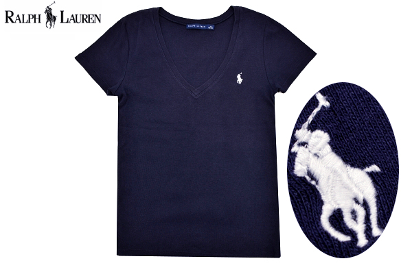 Y-9120★送料無料★RALPH LAUREN ラルフローレン★正規品 ネイビー紺 ワンポイント ポニーロゴ刺繍 Vネック 半袖 カットソー T-シャツ M