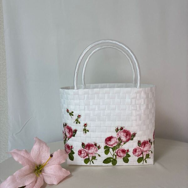 かごバッグ ハンドメイド PPバンドプラかご デコパージュ 薔薇 No.25287