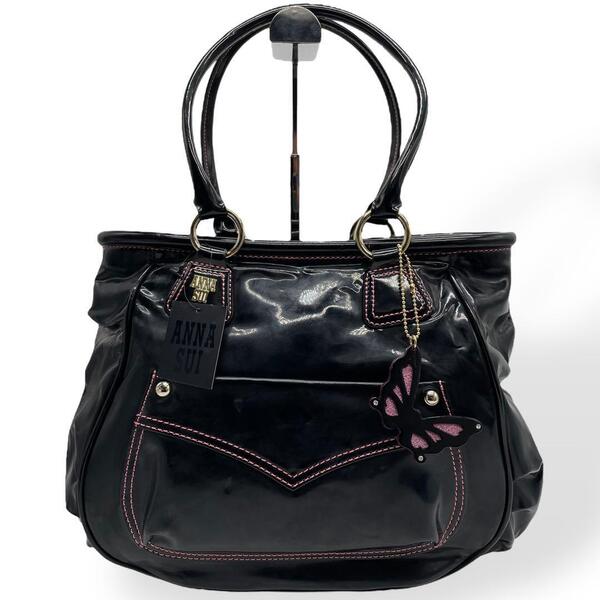 美品 ANNASUI アナスイ ハンドバッグ エナメル トートバッグ ブラック