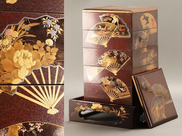 輪島塗、扇子蒔絵、五段重箱 輪島塗、扇子蒔絵、五段重箱 Yahoo!オークション -「五段 重箱