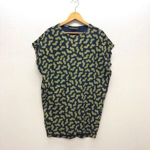 【ま042】日本製 mercibeaucoup, 総柄ワンピース 1 ネイビー フレンチスリーブ 膝上丈 プリント製品 日本列島 薄地 ブランド古着 送料無料