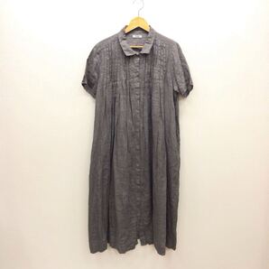 【ま046】fog linen work リネンワンピース チャコールグレー 半袖 ロング丈 無地 前開き 薄地 リネン100% 襟付き ブランド古着 送料無料