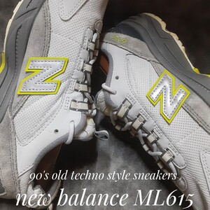 самый цена!.8690 иен!90's переиздание! Old Tecnos плитка! New balance ML615 высококлассный толщина низ спортивные туфли! серый! серый желтый белый мужской редкий мужской 24.5cm