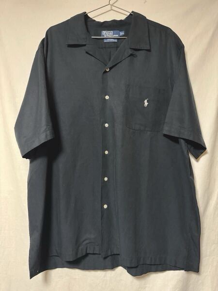 90s ビンテージ ラルフローレン RALPH LAUREN オープンカラー 開襟シャツ 半袖 caldwell コットン シルク XLサイズ ブラック 黒 ポニーあり