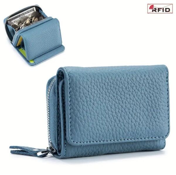 ■新品■本革■ミニ財布【ブルー】財布 小さい レディース メンズ ウォレット三つ折り レザー 小銭入れ RFID保護機能(スキミング防止)