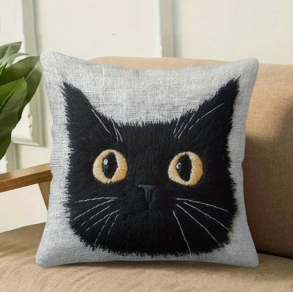 ■新品■クッションカバー■【45㎝×45㎝】【黒猫 フェイス】平面 ねこ ネコ ブラック 正方形 リアル かわいい しっかり素材