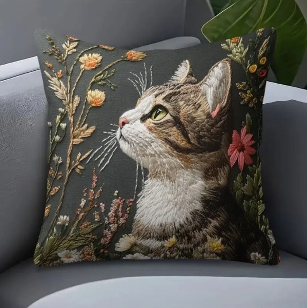 ■新品■クッションカバー■【45㎝×45㎝】【ねこ 横顔 花】平面 正方形 リアル かわいい しっかり素材 刺繍柄 きれい
