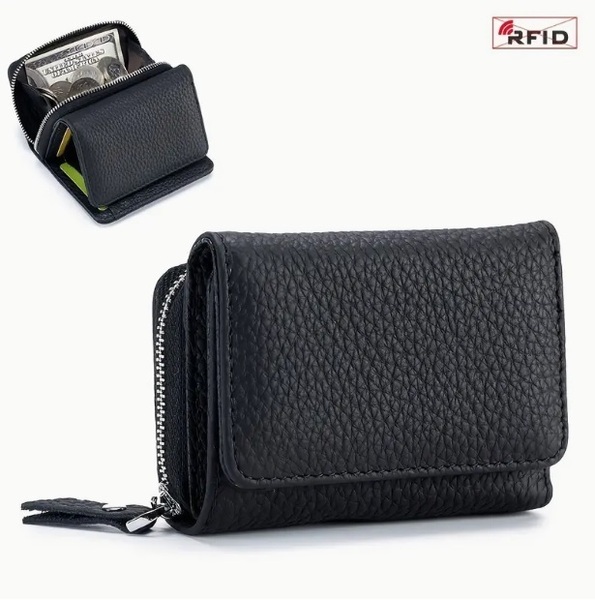 ■新品■本革■ミニ財布【ブラック】財布 小さい レディース メンズ ウォレット三つ折り レザー 小銭入れ RFID保護機能(スキミング防止)