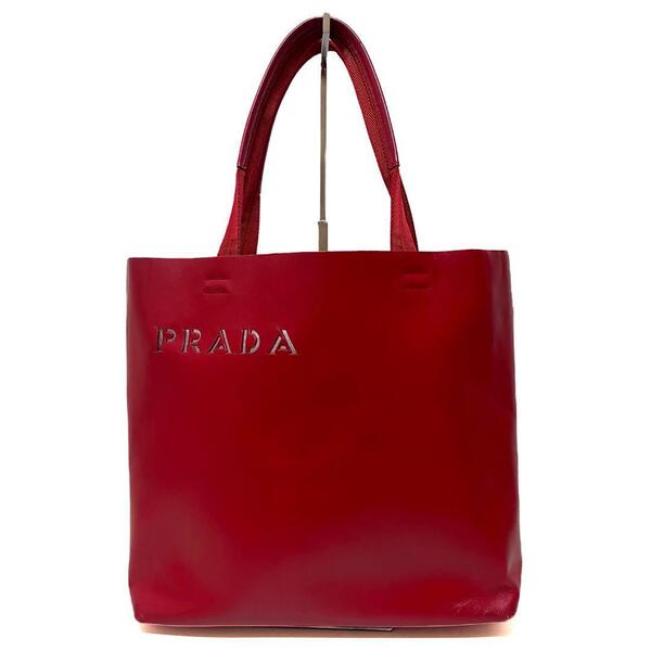 PRADA プラダ ロゴ パンチング トートバッグ ハンドバッグ レザー レッド 赤 ポーチ付き