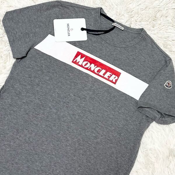 極美品/M〜L相当/MONCLER 半袖 Tシャツ 確実正規品ビッグロゴ プリント 爽快 モンクレール 近年タグ メンズグレー ワッペン ロゴ刺繍