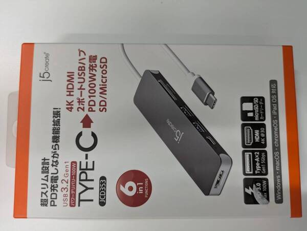 j5create USB Type-C 6in1 マルチアダプタ Power Delivery 100W【USB3.2 Gen1 Type-Ax2, USB-C PD100W充電, 4K HDMI, SD/MicroSDスロット】
