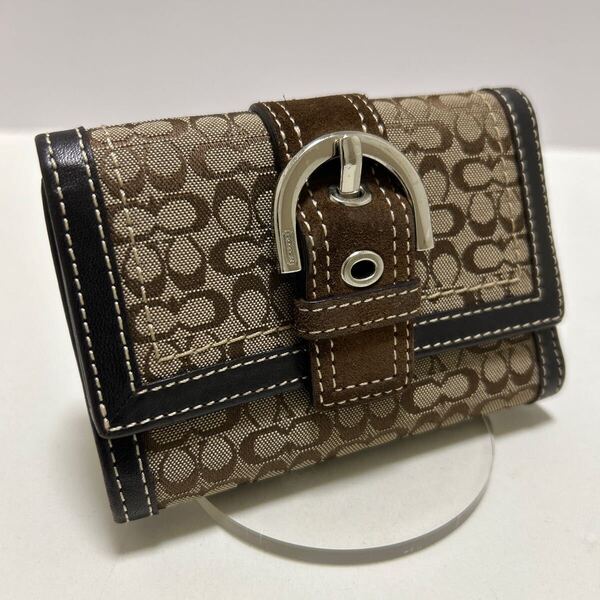 ☆良品☆ ◆COACH コーチ コンパクト 三つ折り財布 タン◆ ミニ シグネチャー キャンバス×レザー バックル【送料無料】0701