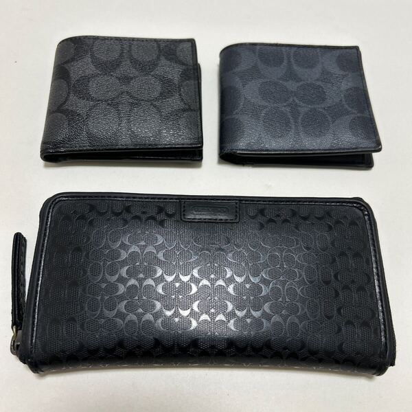 ◆COACH コーチ シグネチャー 財布 3点SET◆ ラウンドジップ 長財布 コンパクト 折り財布 PVC ブラック&グレー系【送料無料】0701