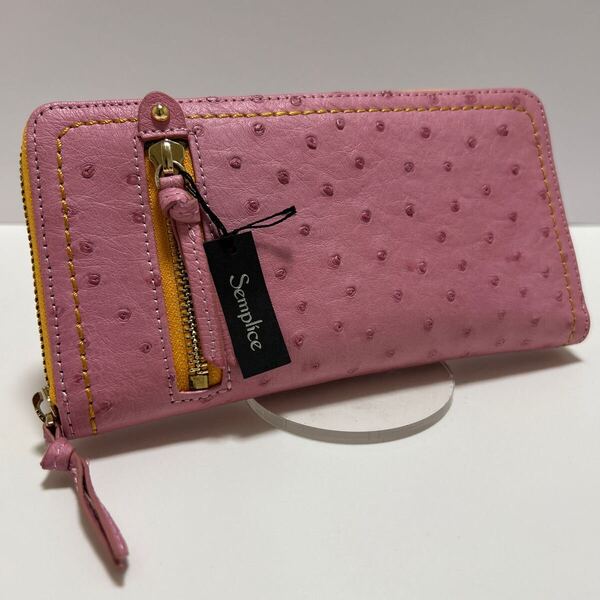 ☆未使用-展示品-袋付き☆ ◆Semplice センプリチェ オーストリッチ 本革 ラウンドジップ長財布 ピンク◆ 正規品保証【送料無料】0721