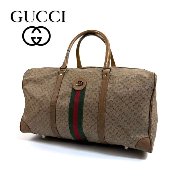 【希少品】GUCCI オールド グッチ PVC レザー シェリー ライン GGスプリーム 大容量 ボストンバッグ ハンドバッグ 旅行鞄 ブラウン