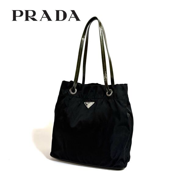 【美品】PRADA プラダ テスート ナイロン レザー 肩掛け トートバッグ ハンドバッグ ブラック オリーブハンドル シルバー金具 イタリア製