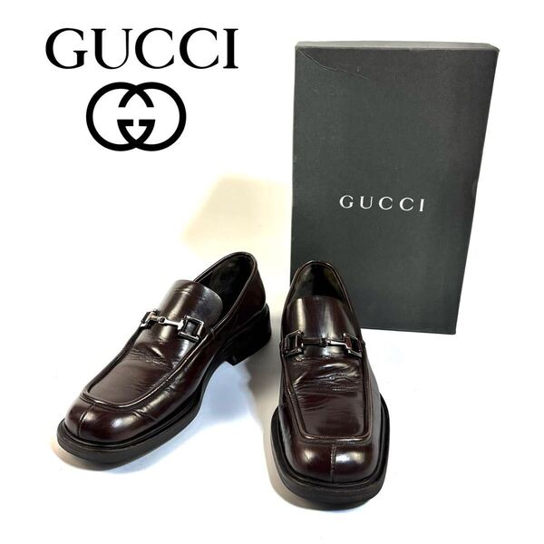 【美品】GUCCI グッチ レザー ホースビット ローファー スリッポン スクエアトゥ ブラウン シルバー金具 36サイズ イタリア製 保存箱付き