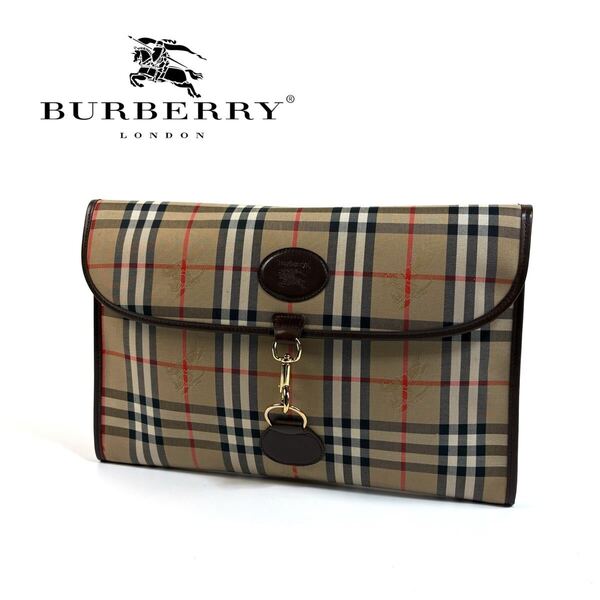 【美品】BURBERRY バーバリー キャンバス レザー ノバチェック クラッチバッグ セカンドバッグ シャドーホース ホースビット キャメル