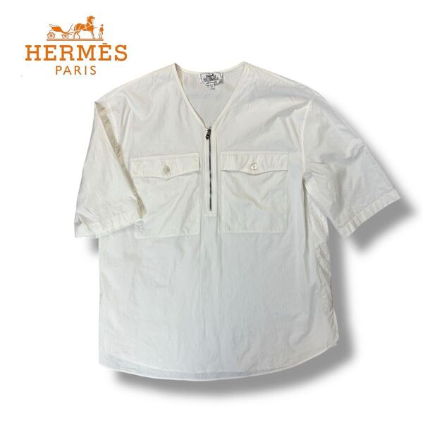 【美品】HERMES エルメス コットン シルク 半袖 プルオーバー フロント ZIP ダブル ポケット シャツ ホワイト 15 1/2 39サイズ フランス製