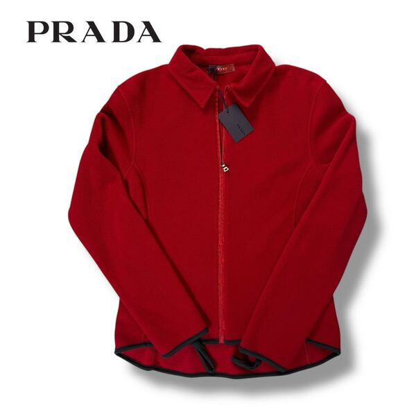 【未使用】PRADA プラダ フリース ジップアップ ジャケット ブルゾン 90s ヴィンテージ Mサイズ レッド イタリア製 タグ付き